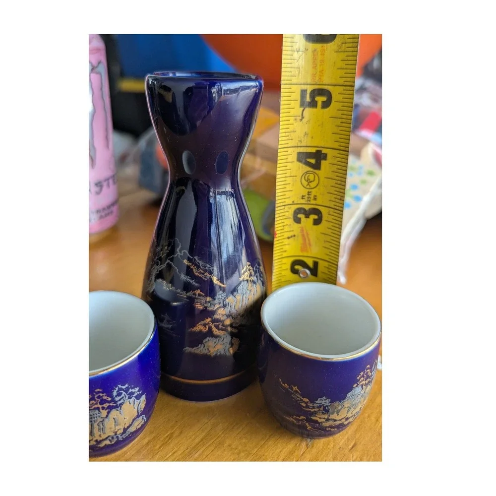 Vintage‎ Japanese Sake Set Cobalt Blue Gold Landscape Porcelain Carafe 2 Cups